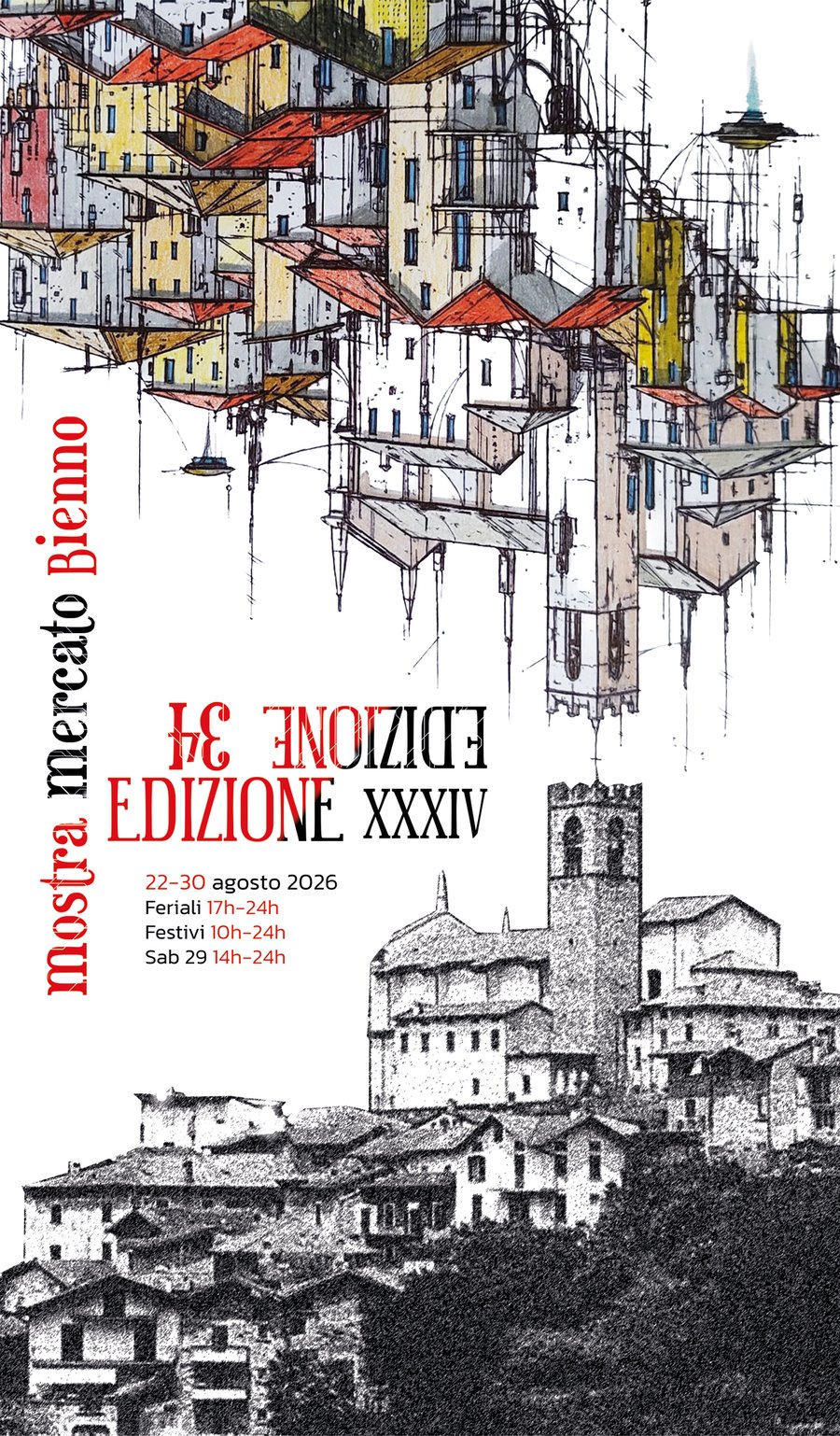 Manifesto della XXXIV Mostra Mercato di Bienno 2026, illustrazione del borgo con i tetti capovolti